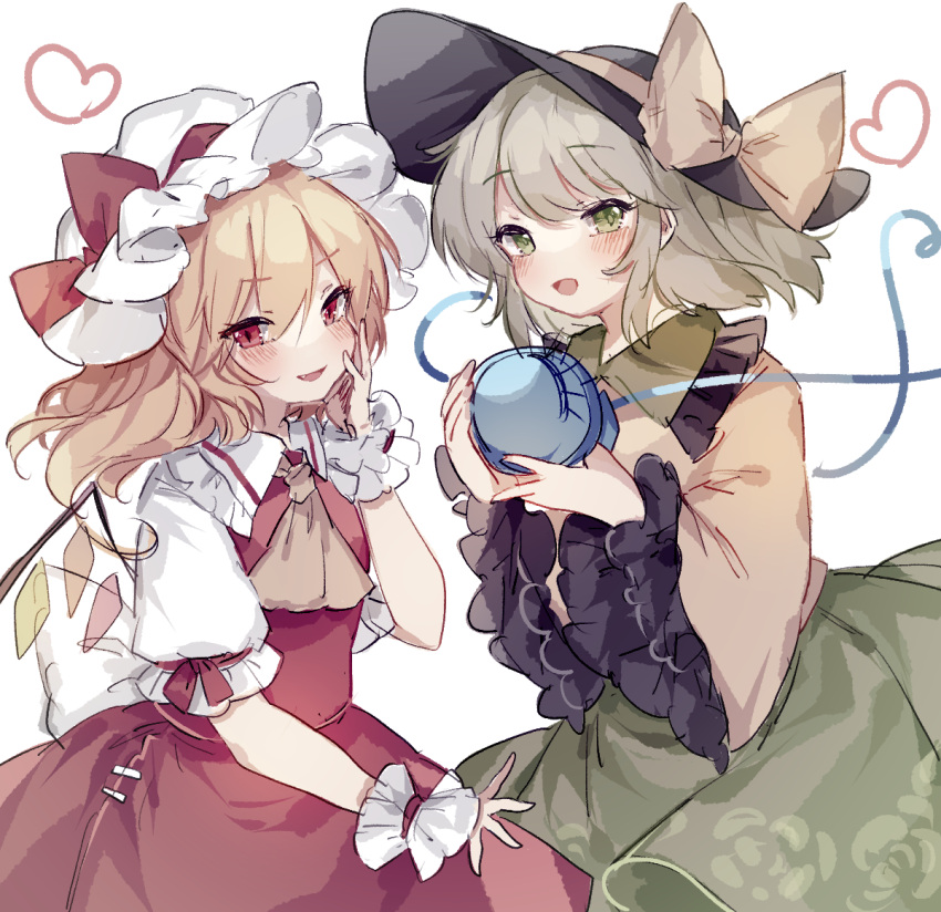2girls :d ascot bangs black_headwear blonde_hair blush bow commentary_request crystal eyebrows_visible_through_hair fang flandre_scarlet flat_chest floral_print frilled_shirt_collar frills green_eyes green_hair green_skirt hair_between_eyes hand_on_own_cheek hand_on_own_face hand_up hat hat_bow heart heart_of_string holding komeiji_koishi long_hair long_sleeves looking_at_viewer medium_hair mob_cap multiple_girls open_mouth parted_lips puffy_short_sleeves puffy_sleeves red_bow red_eyes red_skirt red_vest shirt short_sleeves simple_background skirt smile sorani_(kaeru0768) third_eye touhou vest white_background white_headwear wide_sleeves wings wrist_cuffs yellow_bow yellow_neckwear yellow_shirt