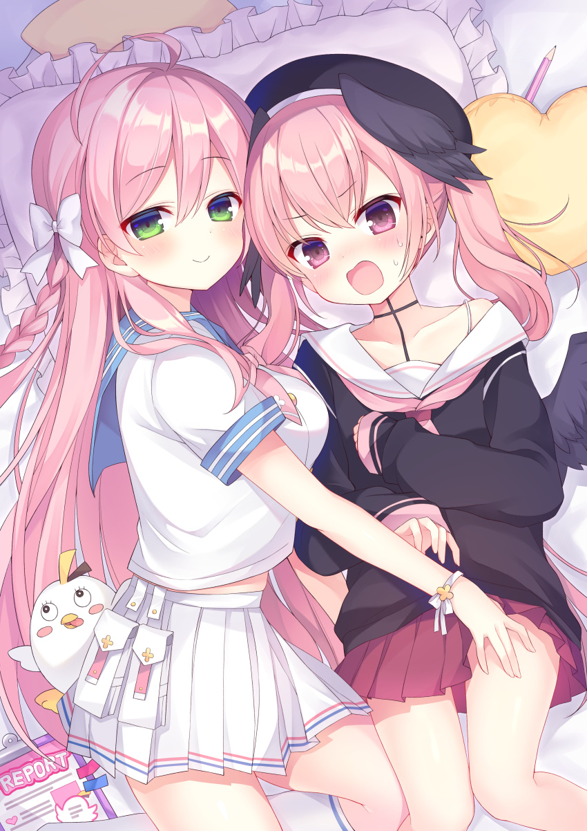 2girls absurdres belt_bag beret blue_archive blush breasts green_eyes hair_ribbon hanako_(blue_archive) hat highres kofuyu_(cofyuuun) koharu_(blue_archive) large_breasts long_hair looking_at_viewer low_twintails multiple_girls open_mouth pillow pink_eyes ribbon school_uniform smile stuffed_animal stuffed_toy twintails