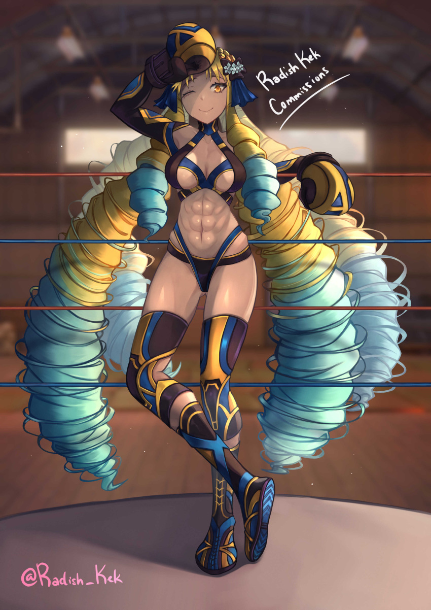 1girl abs absurdres artist_name astraea_(fate) blonde_hair blue_hair boxing_gloves boxing_ring breasts breasts_apart commission drill_hair elbow_gloves fate/grand_order fate_(series) gloves gradient_hair heroic_spirit_festival_outfit highres long_hair looking_at_viewer multicolored_hair one_eye_closed quad_drills radishkek revealing_clothes smile solo thigh-highs thighs twitter_username two-tone_hair very_long_hair yellow_eyes