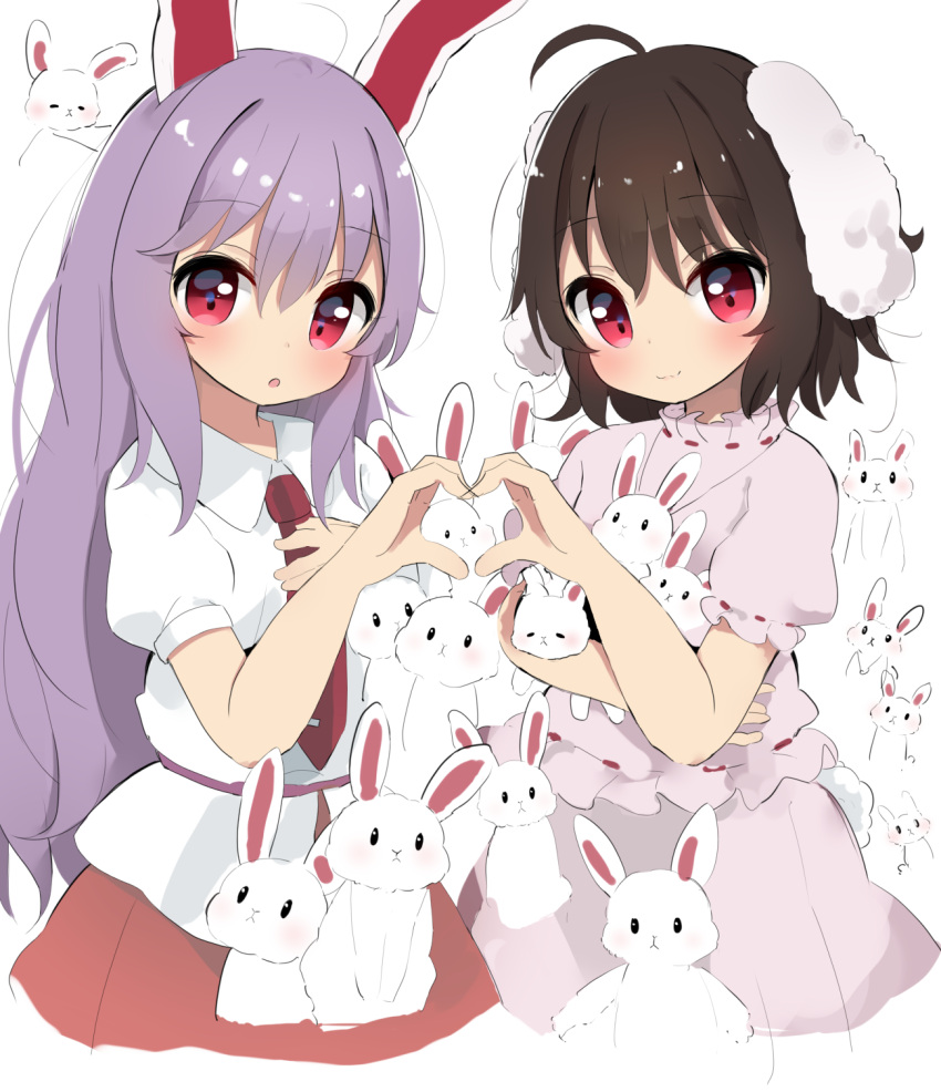 2girls ahoge animal_ears antidote bangs black_hair closed_mouth collared_shirt cowboy_shot dress floppy_ears hair_between_eyes heart heart_hands heart_hands_duo highres inaba inaba_tewi looking_at_viewer multiple_girls necktie open_mouth pink_dress rabbit rabbit_ears red_eyes red_neckwear reisen_udongein_inaba shirt short_hair short_sleeves simple_background smile standing too_many too_many_bunnies touhou white_background white_shirt