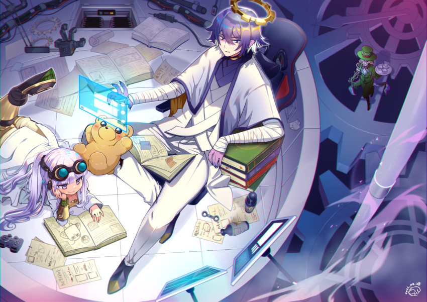 1girl 2boys arm_wrap aurora_sya_lis_kaymin blush book book_stack character_request chikuwa0u0 colored_skin cup dated goggles green_headwear halo holographic_interface indoors long_hair lying maou-jou_de_oyasumi mechanical_arms multiple_boys on_stomach open_book papers purple_hair purple_skin reading scissors_sorceror smile teacup teddy_demon violet_eyes