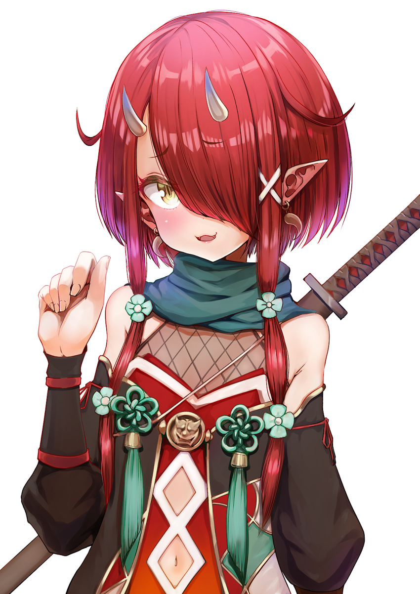 1girl :3 arm_guards bangs bare_shoulders black_sleeves blue_scarf clothing_cutout detached_sleeves earrings eyebrows_visible_through_hair fangs fishnets hair_ornament hair_over_one_eye highres hoozuki_warabe horns japanese_clothes jewelry kajimakoto long_sleeves looking_at_viewer navel navel_cutout ninja noripro oni oni_horns parted_lips pointy_ears puffy_long_sleeves puffy_sleeves redhead scarf short_hair_with_long_locks simple_background smile solo swept_bangs virtual_youtuber white_background x_hair_ornament yellow_eyes
