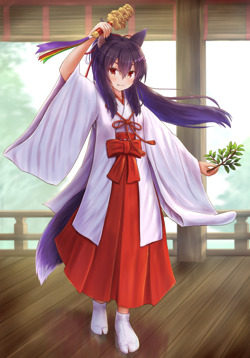 1girl animal_ears arm_up bangs bell black_hair blush brown_eyes closed_mouth commentary_request eyebrows_visible_through_hair fang fang_out floating_hair full_body hair_between_eyes hair_ornament hairclip hakama highres iroha_(iroha_matsurika) japanese_clothes jingle_bell kagura_suzu kimono kunoichi-chan_(iroha_(iroha_matsurika)) long_hair long_sleeves miko open_clothes original ponytail red_hakama smile socks solo standing tabi tail thick_eyebrows very_long_hair white_kimono white_legwear wide_sleeves wolf_ears wolf_girl wolf_tail wooden_floor x_hair_ornament