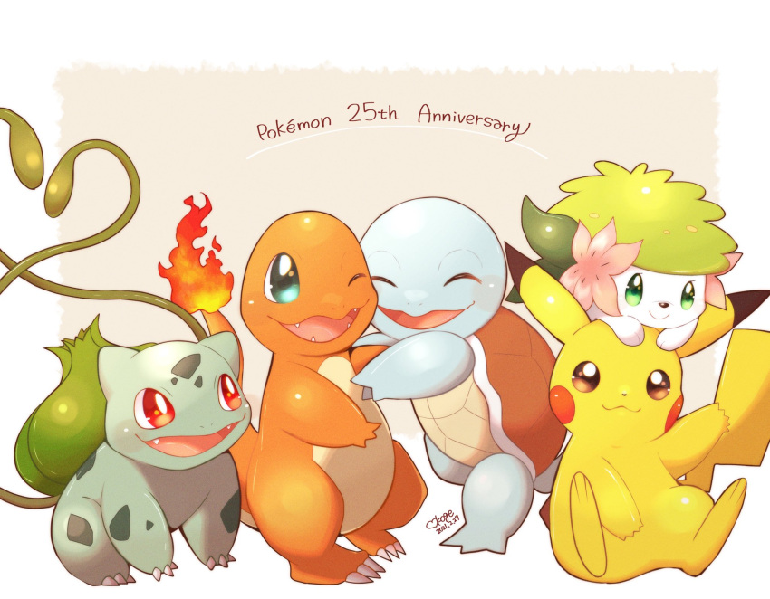 :3 :d ;d anniversary bright_pupils brown_eyes bulbasaur charmander claws closed_eyes closed_mouth commentary_request copyright_name dated fangs fire flame gen_1_pokemon gen_4_pokemon green_eyes heart highres mythical_pokemon no_humans number okoge_(simokaji) one_eye_closed open_mouth pikachu pokemon pokemon_(creature) red_eyes shaymin shaymin_(land) signature sitting smile squirtle standing starter_pokemon_trio tongue white_pupils |d