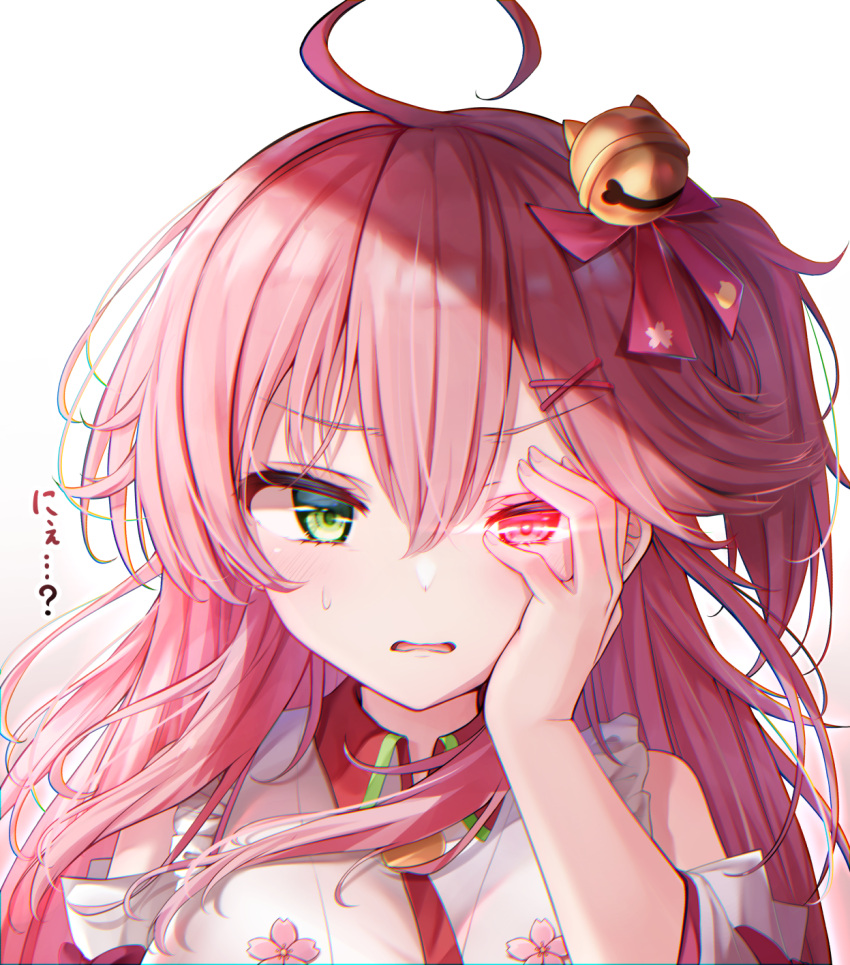 1girl ahoge bangs bell blush commentary_request eyebrows_visible_through_hair face glowing glowing_eye green_eyes hair_bell hair_between_eyes hair_ornament hand_on_own_cheek hand_on_own_face hand_up heterochromia highres hololive jingle_bell long_hair looking_at_viewer pink_eyes pink_hair sakura_miko shishou_(doragyurosu) solo sweatdrop translation_request upper_body virtual_youtuber x_hair_ornament