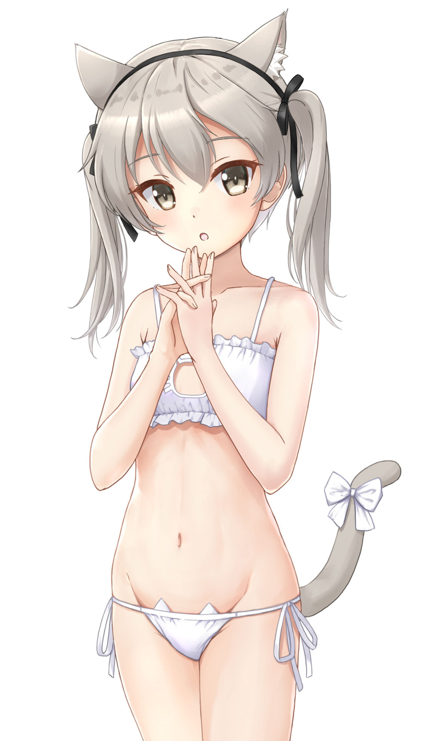 1girl :o animal_ears bangs bare_arms bare_shoulders black_bow black_hairband bow bra brown_eyes cat_cutout cat_ear_panties cat_ears cat_girl cat_lingerie cat_tail cleavage_cutout clothing_cutout collarbone commentary_request eyebrows_visible_through_hair flipper girls_und_panzer grey_hair groin hair_between_eyes hair_bow hairband hands_together hands_up highres interlocked_fingers meme_attire navel own_hands_together panties parted_lips shimada_arisu side-tie_panties simple_background solo tail tail_bow tail_ornament twintails underwear underwear_only white_background white_bow white_bra white_panties