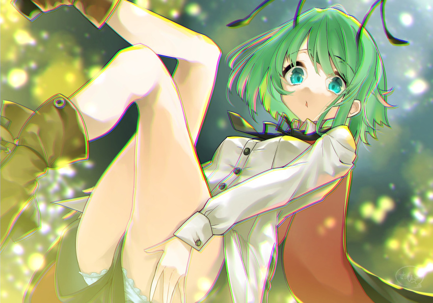 1girl antennae aqua_eyes bangs black_cape black_pants boots brown_footwear buttons cape chromatic_aberration closed_mouth eyebrows_visible_through_hair green_hair highres light_particles long_sleeves looking_at_viewer open_mouth panties pants shirt shisakugata short_hair solo touhou underwear white_panties white_shirt wriggle_day wriggle_nightbug