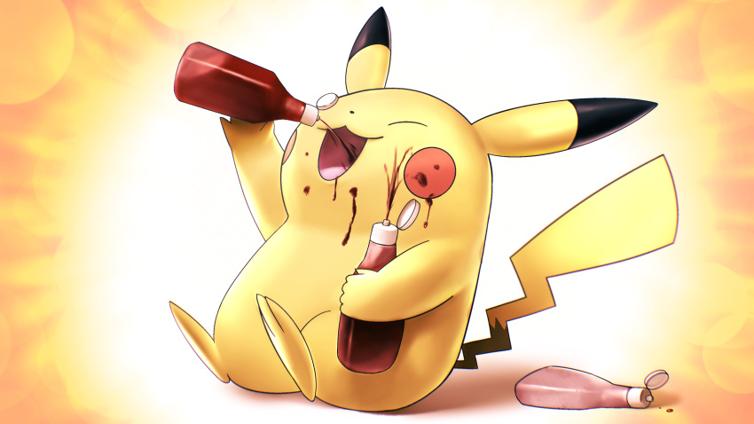 absurdres closed_eyes eating food food_on_face full_body gen_1_pokemon higa-tsubasa highres holding ketchup ketchup_bottle no_humans open_mouth pikachu pokemon pokemon_(creature) smile solo tongue |d