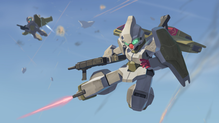 cait_sith_(gundam_g_no_reconguista) chibi explosion flying gun gundam gundam_g_no_reconguista highres holding holding_gun holding_weapon looking_down mecha mobile_suit myjet open_hand science_fiction shield sky solo_focus weapon
