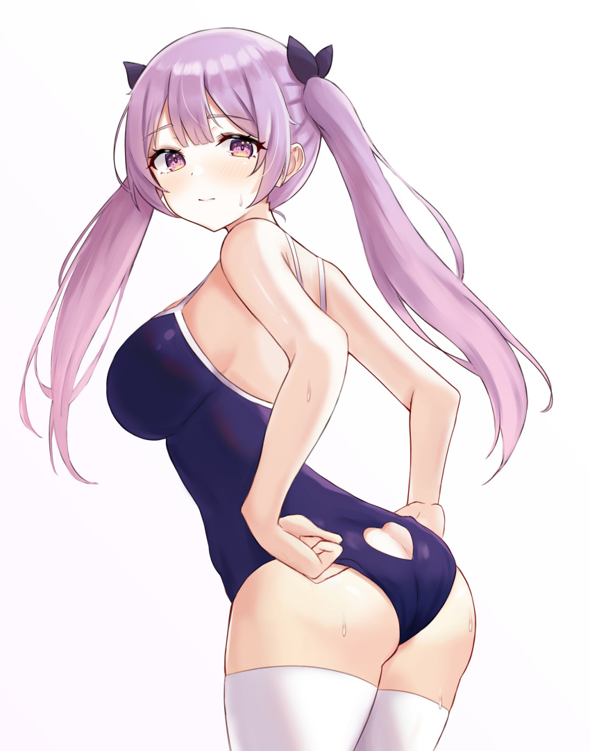 1girl absurdres ass ass_cutout bare_arms bare_shoulders blue_swimsuit breasts closed_mouth clothing_cutout cowboy_shot dated_commentary hair_ribbon heart_cutout highres kano_(wi3028) leaning_forward long_hair looking_at_viewer looking_back medium_breasts one-piece_swimsuit original purple_hair ribbon simple_background solo standing sweatdrop swimsuit thigh-highs twintails violet_eyes white_background white_legwear