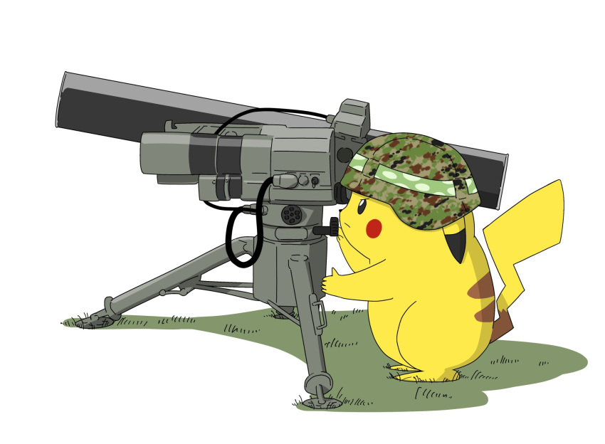 anti-tank_missile camouflage camouflage_headwear closed_mouth commentary frown gen_1_pokemon green_headwear helmet highres no_humans pikachu pokemon pokemon_(creature) shadow simple_background soldier takenotcool type_9_hmat weapon white_background