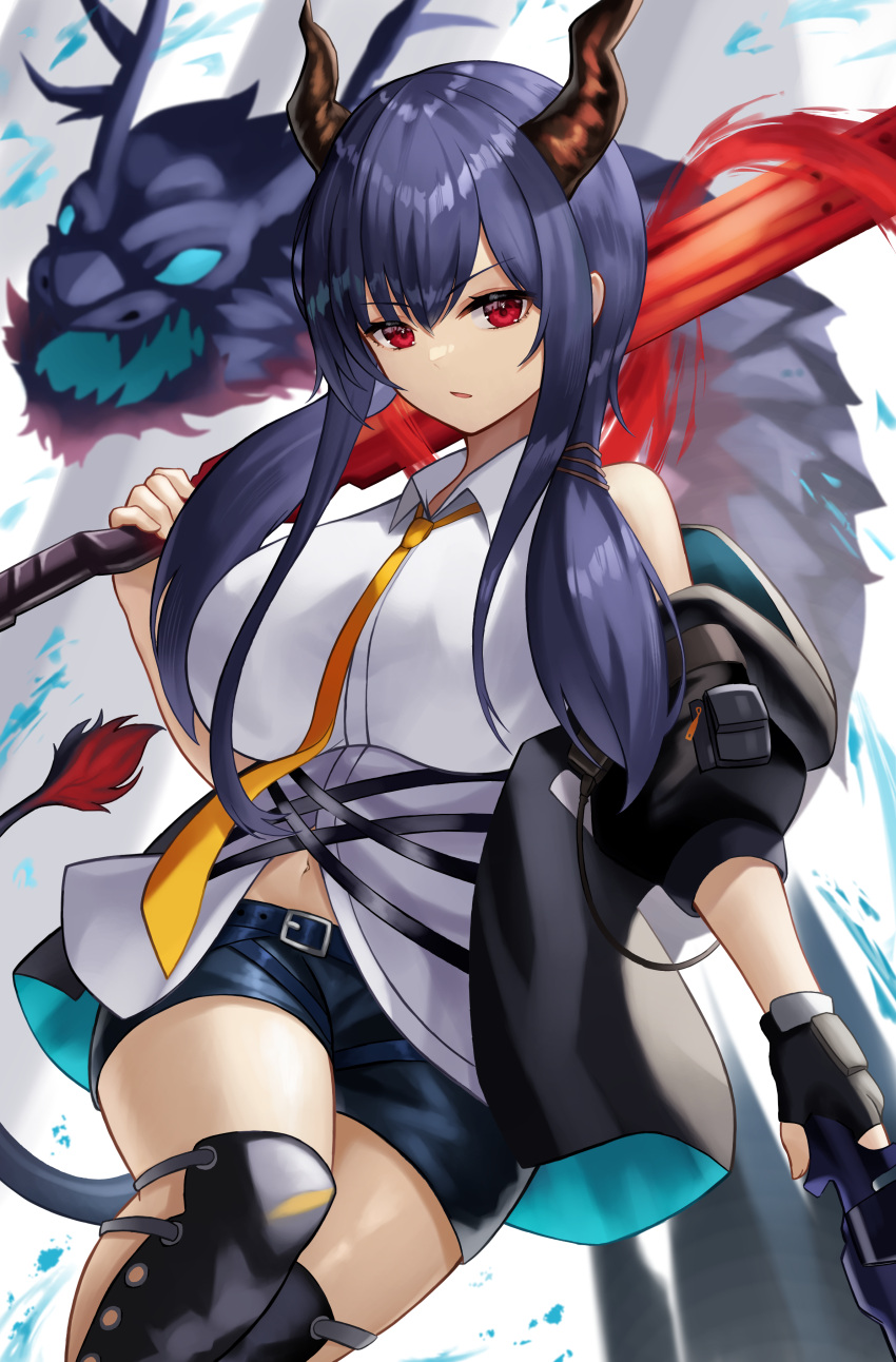 1girl absurdres arknights bangs belt black_belt black_gloves black_jacket black_shorts blue_hair breasts ch'en_(arknights) commentary dragon_horns dragon_tail eyebrows_visible_through_hair fingerless_gloves gloves hair_between_eyes highres holding holding_sword holding_weapon horns jacket large_breasts long_hair looking_at_viewer navel necktie off_shoulder open_clothes open_jacket orange_neckwear parted_lips red_eyes roina_(effj7473) shin_guards shiny shiny_hair shirt short_shorts shorts sidelocks single_glove sleeveless sleeveless_shirt solo sword tail v-shaped_eyebrows weapon white_background white_shirt wing_collar