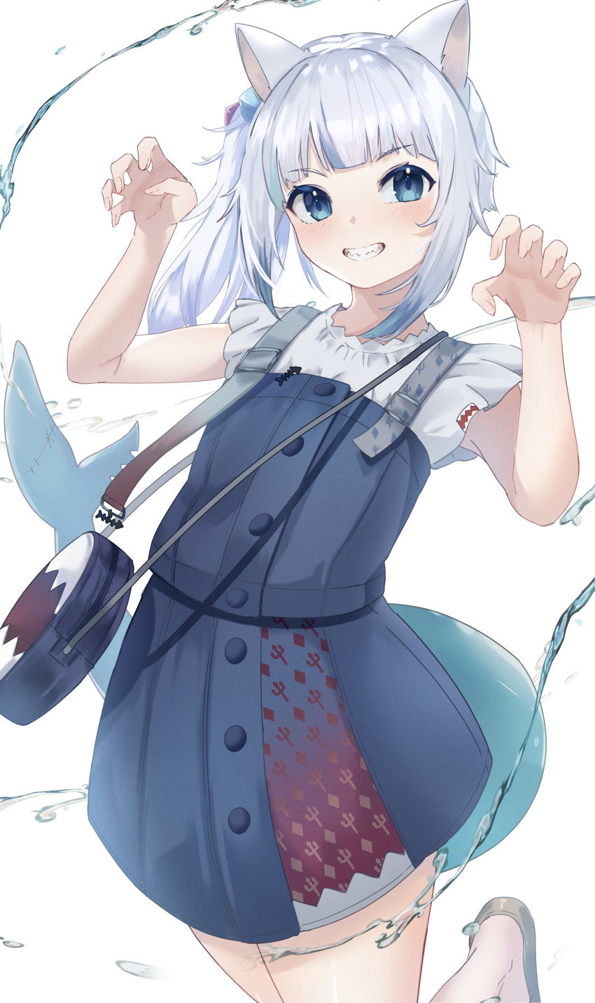 1girl absurdres animal_ears bangs blue_eyes blue_hair blush cat_ears claw_pose fish_tail gawr_gura grin highres hololive hololive_english looking_at_viewer mono_1010 multicolored_hair open_mouth shark_tail sharp_teeth silver_hair smile solo streaked_hair tail teeth virtual_youtuber