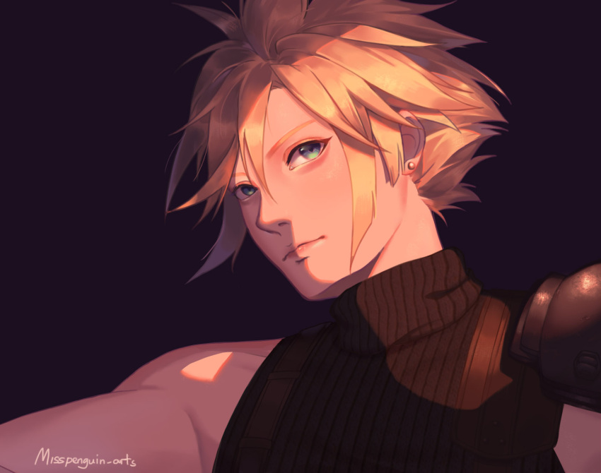 1boy armor artist_name black_sweater blonde_hair blue_eyes cloud_strife english_commentary expressionless final_fantasy final_fantasy_vii final_fantasy_vii_remake grey_background hair_behind_ear highres looking_to_the_side male_focus miss_penguin shoulder_armor sleeveless_sweater solo spiky_hair sweater upper_body