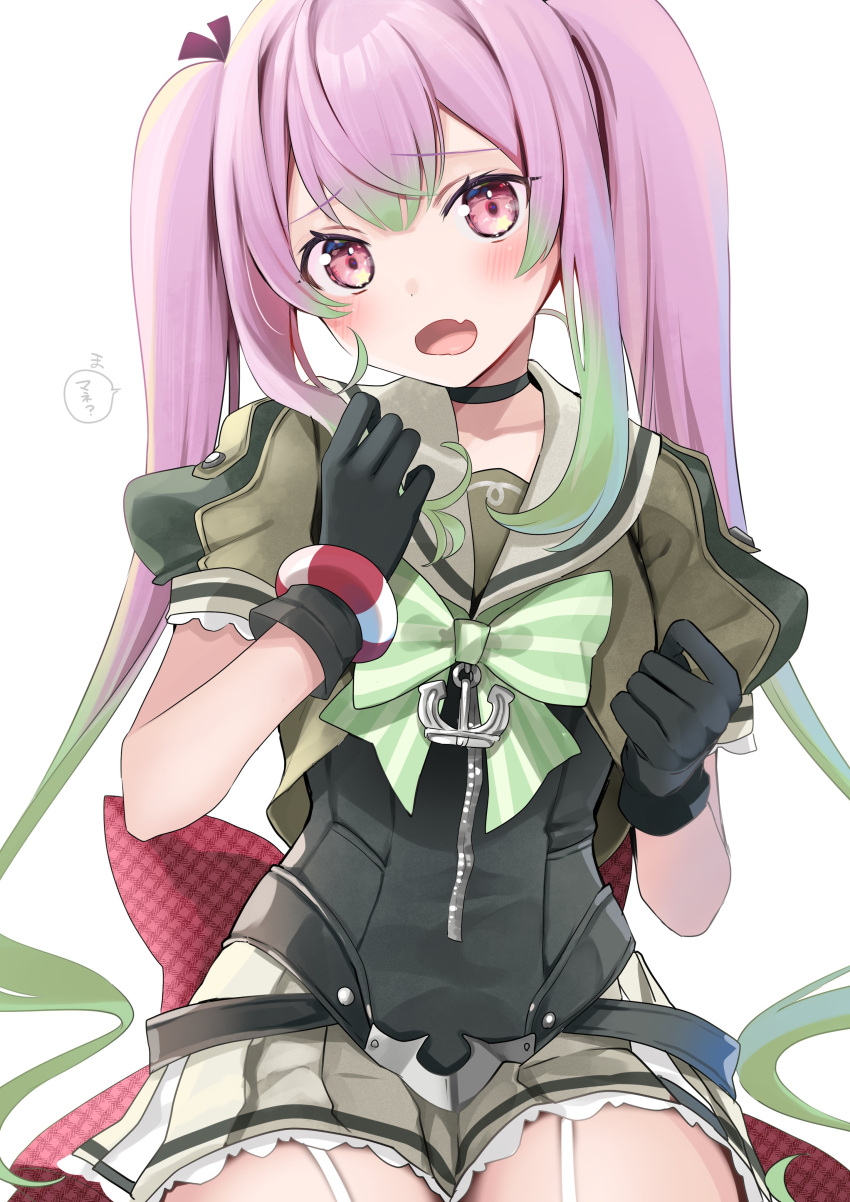 1girl absurdres bangs black_choker black_gloves blush bow bowtie choker eyebrows_visible_through_hair fang garter_straps gloves green_hair green_neckwear hair_between_eyes highres holding holding_hair kantai_collection long_hair looking_at_viewer momo_(kancolle) multicolored_hair open_mouth pink_eyes pink_hair pleated_skirt sailor_collar school_uniform serafuku short_sleeves sidelocks simple_background skin_fang skirt solo twintails very_long_hair white_background yunamaro