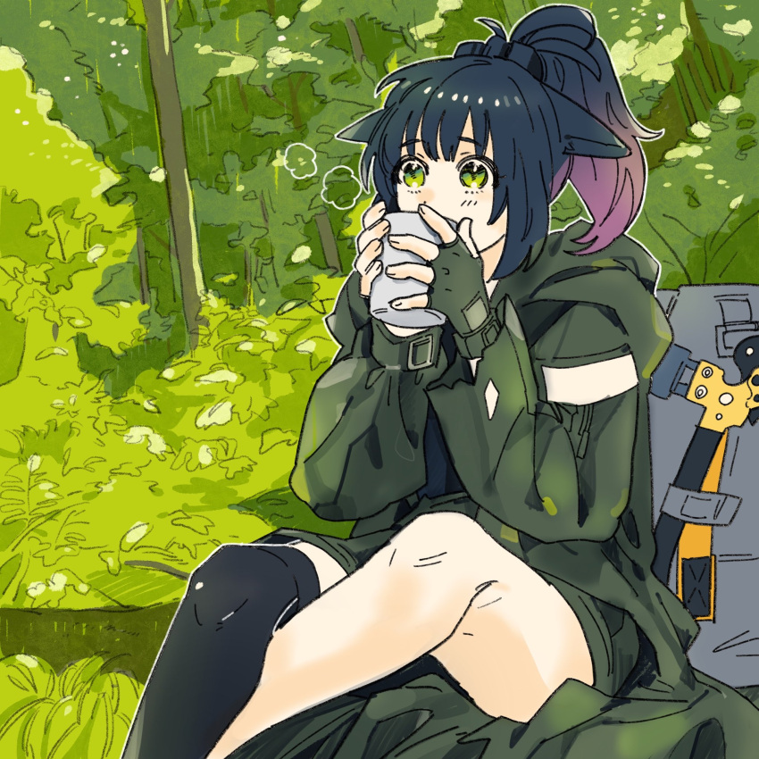 1girl arknights axe backpack bag black_legwear blue_hair cup drinking fingerless_gloves forest gloves gradient_hair green_eyes green_gloves green_jacket highres holding holding_cup jacket jessica_(arknights) jessica_(ash)_(arknights) mismatched_legwear mug multicolored_hair nature official_alternate_costume outdoors pink_hair ponytail single_thighhigh sitting solo thigh-highs yonezou_(kazuki)