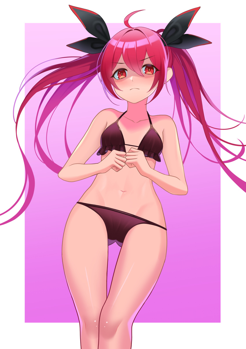 1girl absurdres ahoge bangs bikini bikini_pull black_bikini black_bow border bow closed_mouth clothes_pull collarbone date_a_live eyebrows_visible_through_hair flat_chest floating_hair frown gradient gradient_background groin hair_between_eyes hair_bow hair_intakes highres itsuka_kotori long_hair looking_at_viewer navel outside_border pajaaa18 pink_background red_eyes redhead shiny shiny_hair shiny_skin solo swimsuit thigh_gap twintails very_long_hair white_border