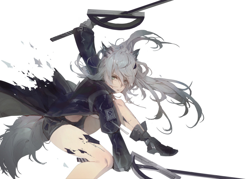 1girl animal_ears arknights arm_up black_footwear black_jacket black_shorts boots dual_wielding fighting_stance floating_hair grey_hair highres holding holding_sword holding_weapon jacket knee_up kuroduki_(pieat) lappland_(arknights) messy_hair open_clothes open_jacket oripathy_lesion_(arknights) shorts simple_background solo sword tail weapon white_background wolf_ears wolf_tail
