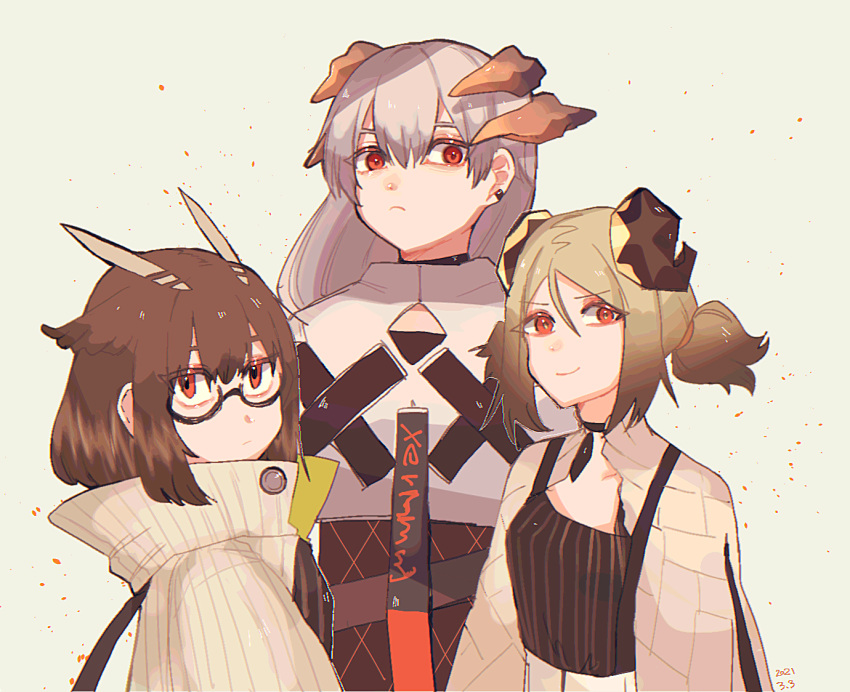 3girls arknights bangs beige_background black_choker black_hair black_horns black_shirt black_skirt blonde_hair breasts brown_cloak brown_coat brown_hair choker cloak closed_mouth coat commentary_request dated dragon_horns earrings english_commentary expressionless eyes_visible_through_hair eyewear_visible_through_hair feather_hair frown glasses gradient_hair high-waist_skirt high_collar horns ifrit_(arknights) jewelry kawaii_inu5 looking_at_viewer medium_breasts mixed-language_commentary multicolored_hair multiple_girls orange_eyes paint_splatter saria_(arknights) shirt silence_(arknights) silver_hair simple_background skirt smile stud_earrings white_shirt