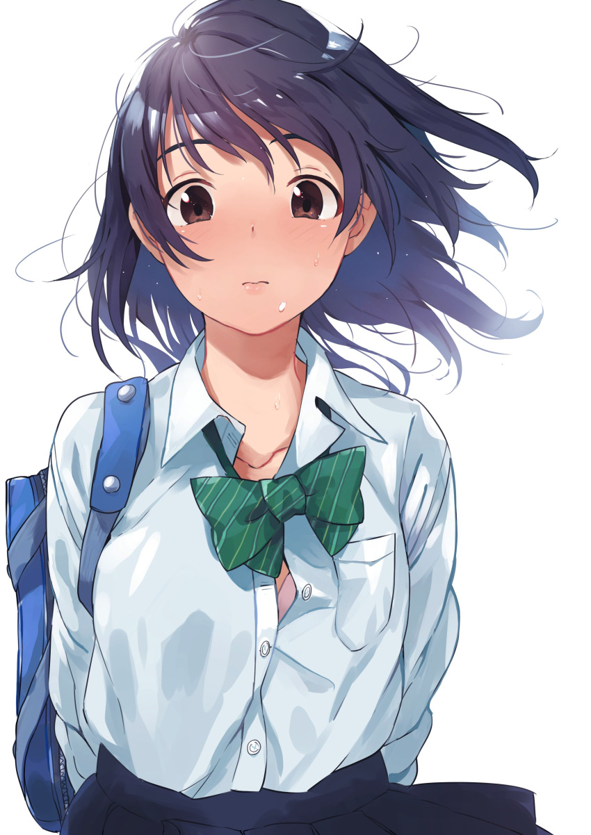 1girl 3: absurdres arms_at_sides bangs black_skirt blouse blue_hair blush bra bra_peek brown_eyes button_gap closed_mouth collarbone doushimasho floating_hair food food_on_face grey_bra highres looking_at_viewer original partially_unbuttoned photoshop_(medium) pleated_skirt school_uniform sidelocks simple_background skirt solo tareme unbuttoned unbuttoned_shirt underwear white_background white_blouse wind