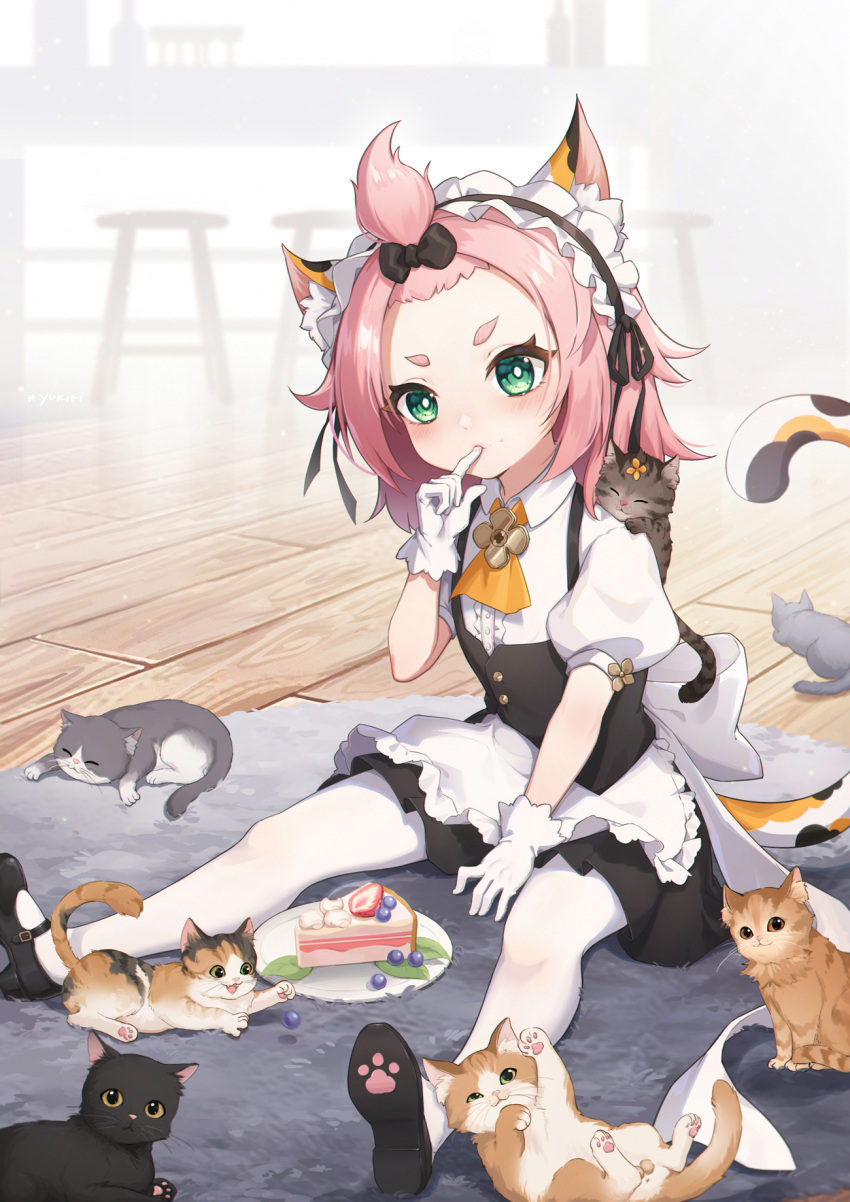 1girl alternate_costume animal animal_ear_fluff animal_ears apron bangs_pinned_back black_bow black_dress black_footwear blueberry bow cake carpet cat cat_ears cat_girl cat_tail commentary_request diona_(genshin_impact) dress enmaided finger_in_mouth food food_on_face forehead fruit genshin_impact gloves green_eyes hair_bow highres indoors l_ii leaf looking_at_viewer maid maid_apron maid_headdress mary_janes medium_hair on_floor orange_neckwear pantyhose paw_print pink_hair plate puffy_short_sleeves puffy_sleeves shiny shiny_hair shirt shoes short_dress short_eyebrows short_sleeves sitting stool strawberry tail thick_eyebrows white_apron white_gloves white_legwear white_shirt wooden_floor