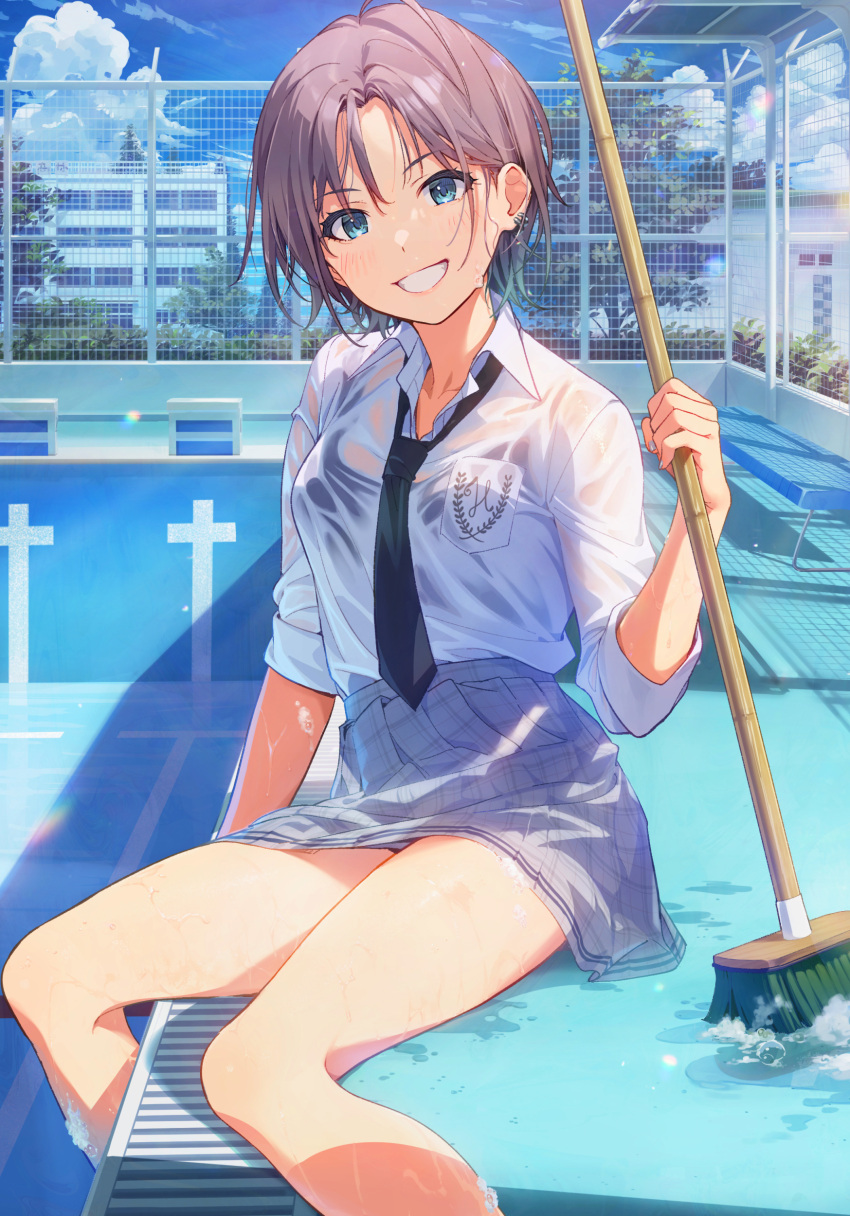 :d absurdres aqua_eyes asakura_tooru bangs bench black_neckwear blue_sky breast_pocket breasts broom clouds collared_shirt ear_piercing fence grey_skirt highres idolmaster idolmaster_shiny_colors joey_koguma light_blush looking_at_viewer multicolored_hair necktie open_mouth outdoors parted_bangs piercing plaid plaid_skirt pleated_skirt pocket pool poolside school shirt short_hair sitting skirt sky sleeves_rolled_up small_breasts smile two-tone_hair wet wet_clothes wet_shirt white_shirt