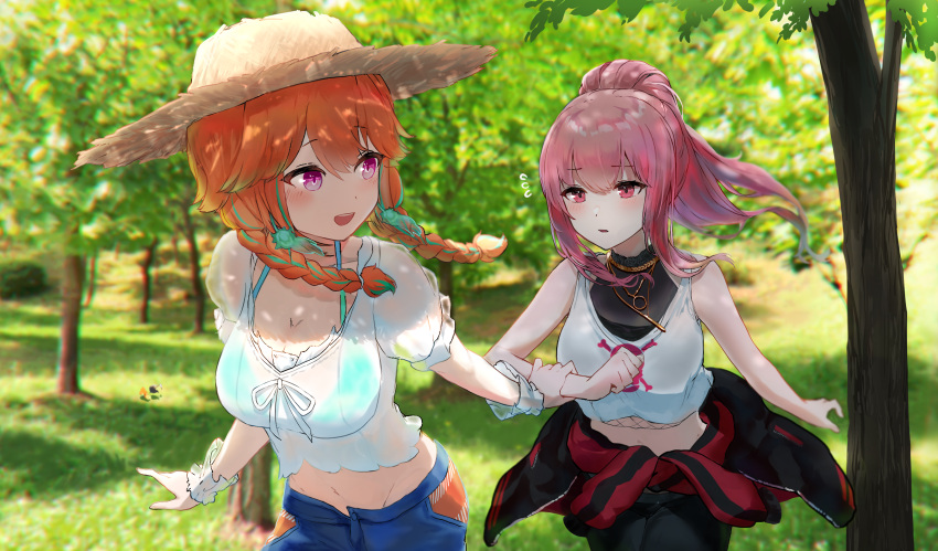 2girls absurdres arm_grab cowboy_shot earrings english_commentary eye_contact feather_earrings feathers forest hat highres holding_another's_arm hololive hololive_english jewelry kabedoru long_hair looking_at_another looking_back mori_calliope multiple_girls nature orange_hair pink_hair straw_hat takanashi_kiara yuri