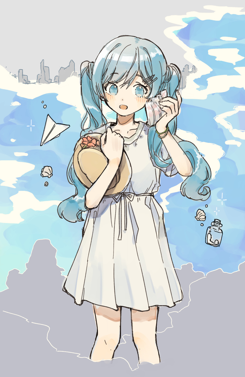 1girl absurdres blue_eyes blue_hair blush bottle brown_headwear collarbone commentary cropped_legs dress english_commentary feet_out_of_frame flower grey_background hands_up hat hat_flower hatsune_miku headwear_removed highres holding holding_clothes holding_hat holding_shell long_hair looking_at_viewer ocean open_mouth paper_airplane perfume_bottle pink_flower pleated_dress seashell shell shell_to_ear short_sleeves skyline solo twintails vocaloid wandu_muk white_dress