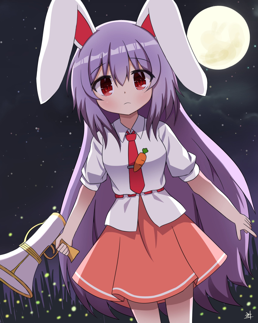 1girl absurdres animal_ears bangs carrot_pin chaleu closed_mouth cowboy_shot eyebrows_visible_through_hair full_moon hair_between_eyes highres holding holding_weapon long_hair looking_at_viewer lunatic_gun moon necktie night night_sky pink_skirt pleated_skirt purple_hair rabbit_ears red_eyes red_neckwear reisen_udongein_inaba shirt short_sleeves signature skirt sky solo standing star_(sky) starry_sky touhou very_long_hair weapon white_shirt