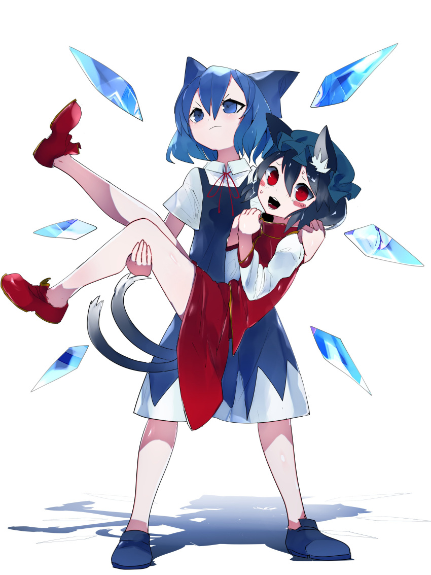 2girls :d absurdres animal_ear_fluff animal_ears blue_eyes blue_hair blush_stickers bow brown_hair carrying cat_ears cat_tail chen cirno dress full_body gold_trim hair_bow hat highres ice ice_wings ikurauni mob_cap multiple_girls multiple_tails nekomata open_mouth red_dress red_eyes short_hair simple_background smile tail touhou two_tails white_background wings