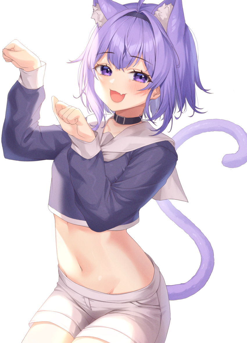 :3 :d absurdres ahoge animal_ear_fluff animal_ears bangs blue_shirt blush cat_ears cat_girl cat_tail commentary_request cowboy_shot crop_top eyebrows_visible_through_hair fang hair_intakes hairband highres hololive long_sleeves looking_at_viewer medium_hair navel nekomata_okayu open_mouth paw_pose purple_hair sailor_collar shirt short_shorts shorts skin_fang smile stomach tail tail_raised violet_eyes virtual_youtuber white_background white_sailor_collar white_shorts xiho_(suna)