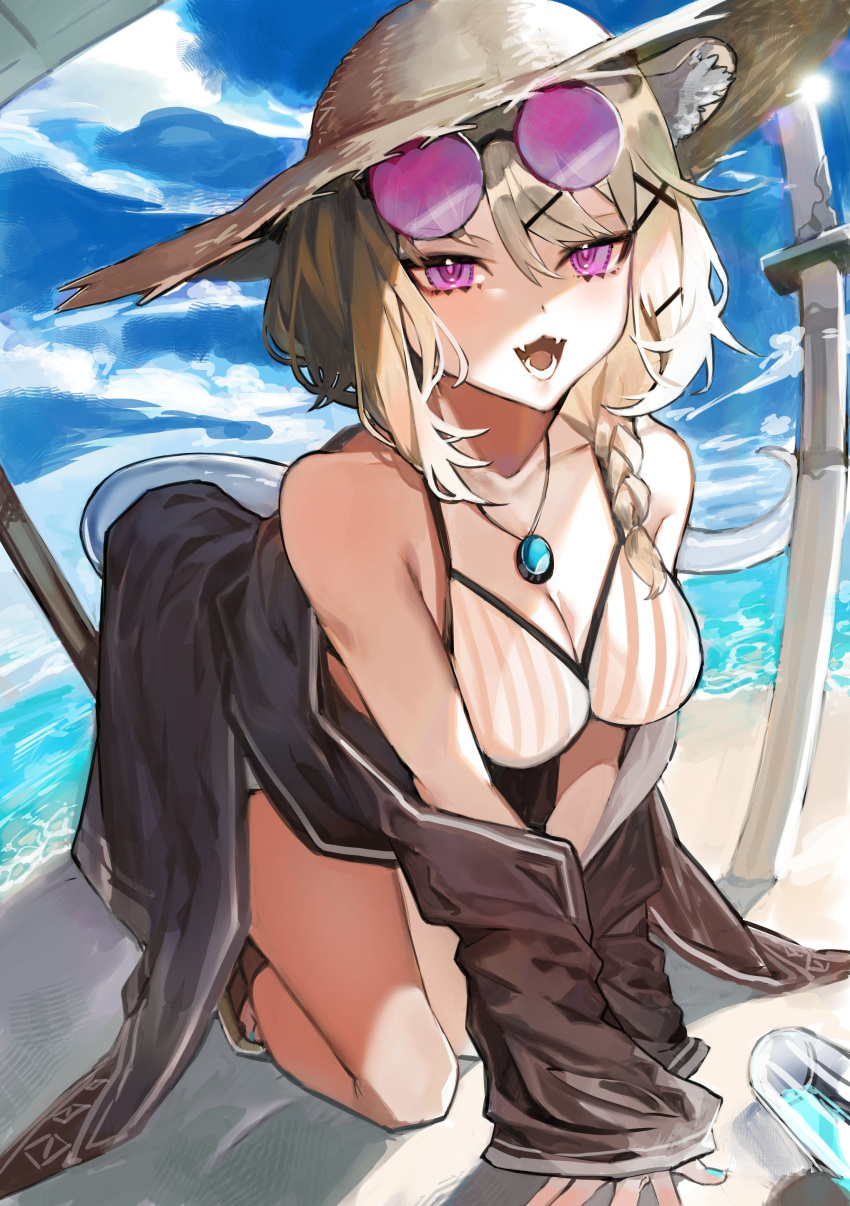 1girl absurdres all_fours animal_ear_fluff animal_ears arknights bangs beach bikini blue_nails breasts brown_hair commentary_request day eyebrows_visible_through_hair eyewear_on_head fangs hat highres jewelry large_breasts looking_at_viewer necklace official_alternate_costume open_mouth outdoors planted_sword planted_weapon round_eyewear short_hair sinzo_sui smile solo striped sun_hat sunglasses swimsuit sword tail tinted_eyewear utage_(arknights) utage_(summer_flowers)_(arknights) vertical-striped_bikini vertical_stripes violet_eyes weapon