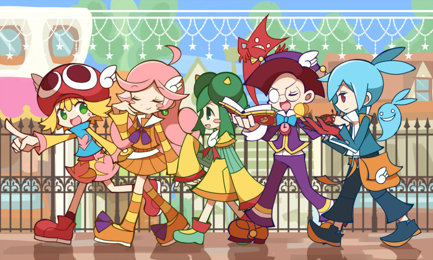 2boys 3girls ahoge amitie_(puyopuyo) bag blue_eyes blush_stickers book closed_eyes dadadanoda glasses green_eyes hat horns klug_(puyopuyo) lidelle_(puyopuyo) long_hair long_sleeves multiple_boys multiple_girls official_style puyopuyo puyopuyo_fever raffina_(puyopuyo) red_eyes short_hair shorts sig_(puyopuyo) skirt smile