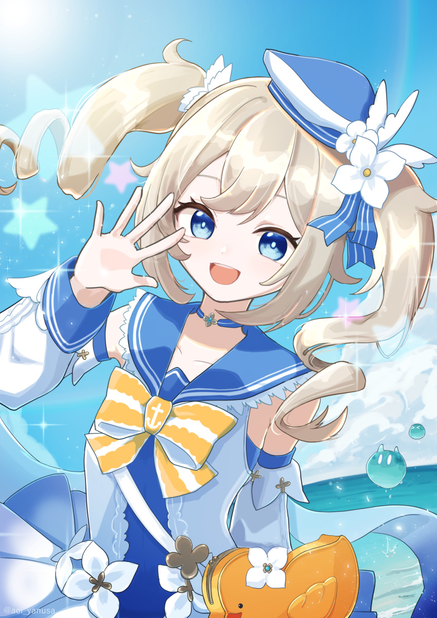 1girl aoijun bag barbara_pegg bare_shoulders bird blonde_hair blue_eyes bow bowtie choker detached_sleeves duck genshin_impact hat highres long_sleeves open_mouth sailor_hat smile solo twintails