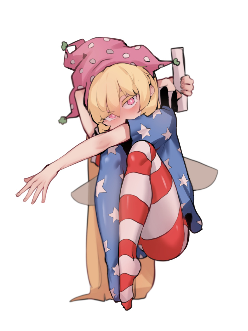 1girl american_flag_dress american_flag_legwear blonde_hair blush bright_pupils clownpiece doro_au dress fairy_wings full_body hair_between_eyes hat highres holding jester_cap long_hair looking_at_viewer neck_ruff pantyhose pink_eyes pink_headwear polka_dot short_sleeves simple_background solo star_(symbol) star_print striped touhou very_long_hair white_background wings