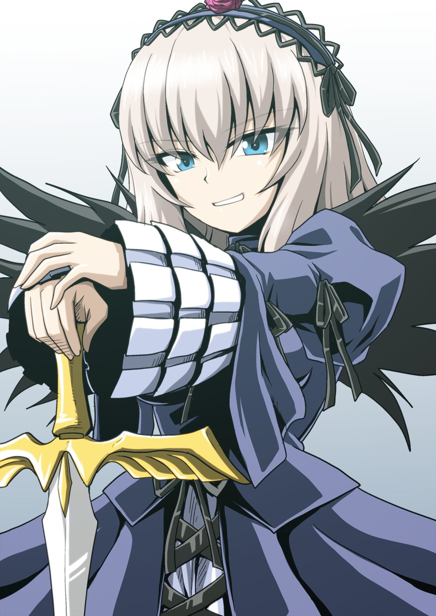 1girl bangs black_wings blue_dress blue_eyes blue_hairband commentary cosplay cowboy_shot dress eyebrows_visible_through_hair feathered_wings frilled_sleeves frills girls_und_panzer gradient gradient_background grey_background grin hairband highres holding holding_sword holding_weapon itsumi_erika juliet_sleeves kamishima_kanon lolita_hairband long_sleeves looking_at_viewer medium_hair puffy_sleeves silver_hair smile solo standing suigintou suigintou_(cosplay) sword two-handed_sword weapon wings