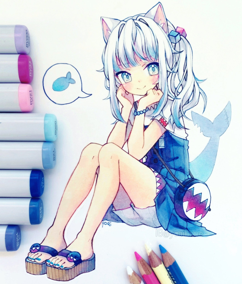 1girl animal_ears anny_(yoai) artist_name asymmetrical_hair bag bare_legs barefoot bead_bracelet beads blue_eyes blue_hair blue_nails blue_skirt blush bracelet cat_ears closed_mouth colored_pencil colored_pencil_(medium) commentary dress eyebrows_visible_through_hair fish fish_tail flat_chest full_body gawr_gura hair_cubes hair_ornament handbag hands_on_own_cheeks hands_on_own_chin hands_on_own_face head_rest highres hololive hololive_english instagram_username jewelry kemonomimi_mode legs_together looking_at_viewer marker marker_(medium) medium_hair multicolored_hair nail_polish official_alternate_costume pencil photo_(medium) platform_footwear pleated_skirt sandals shark_tail side_ponytail signature silver_hair simple_background sitting skirt skirt_set smile solo spoken_object streaked_hair symbol_commentary tail toenail_polish traditional_media two-tone_hair virtual_youtuber white_background white_dress