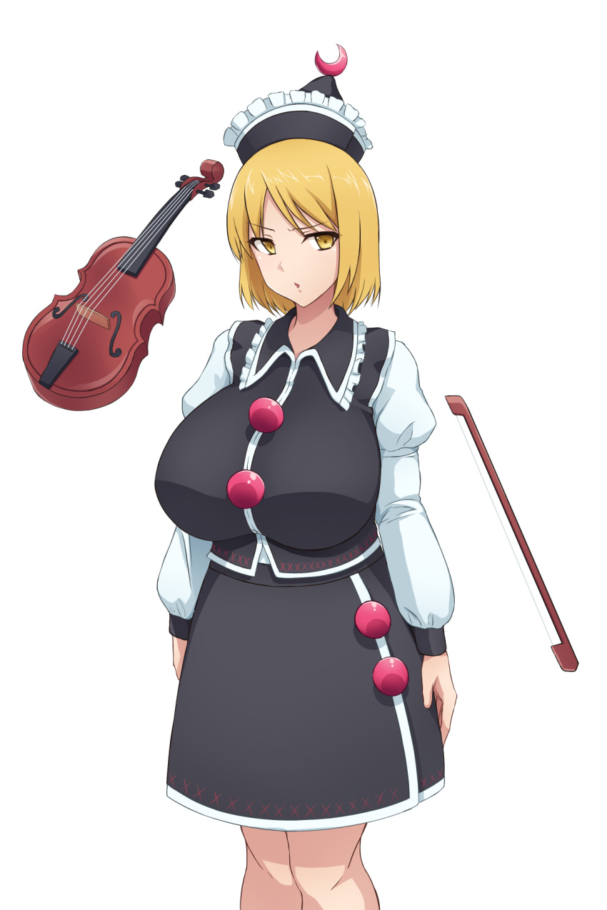 1girl black_headwear black_skirt black_vest blonde_hair bow_(instrument) breasts buttons crescent disgust hat highres instrument kakikorori large_breasts lunasa_prismriver medium_skirt puffy_sleeves red_button shirt skirt touhou vest violin white_shirt yellow_eyes