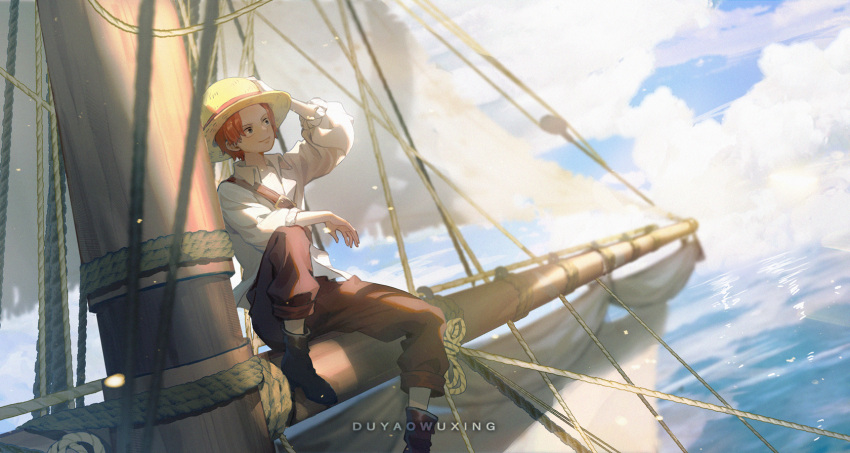 1boy black_footwear blue_sky clouds day dywx_poison hand_on_headwear hat highres male_focus mast ocean one_piece outdoors redhead rope sail shanks shirt sitting sky smile solo straw_hat white_shirt younger
