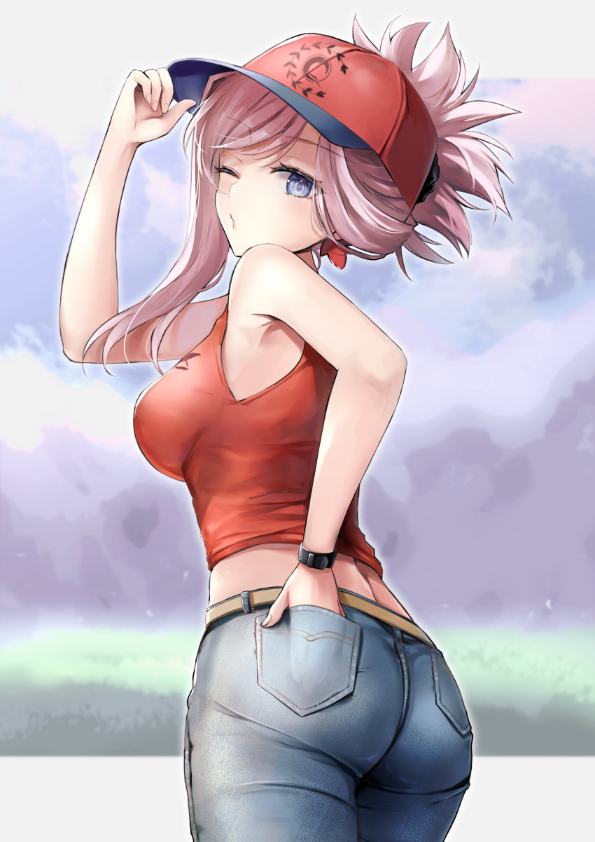 1girl absurdres adjusting_clothes adjusting_headwear alternate_costume ass asymmetrical_hair autumn_leaves bare_shoulders blue_sky blurry breasts clouds contemporary cowboy_shot day denim depth_of_field fate/grand_order fate_(series) from_behind from_below hand_in_pocket hane_yuki hat head_tilt heroic_spirit_traveling_outfit highres large_breasts long_hair looking_at_viewer looking_back midriff miyamoto_musashi_(fate) one_eye_closed pants pink_hair ponytail puckered_lips revision shirt sky sleeveless sleeveless_shirt solo standing tank_top violet_eyes