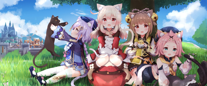 4girls animal animal_ear_fluff animal_ears animal_on_lap bangs bare_shoulders bell bird black_footwear blonde_hair blue_eyes blue_headwear blush braid braided_ponytail breasts brown_hair cat cat_ears cat_girl cat_on_lap cat_tail coin_hair_ornament commentary_request commission day diona_(genshin_impact) dress eyebrows_visible_through_hair full_body genshin_impact grass green_vest hair_bell hair_ornament hat highres holding holding_animal holding_bird holding_cat jingle_bell jumpy_dumpty kemonomimi_mode klee_(genshin_impact) long_hair long_sleeves looking_at_animal multiple_girls ofuda open_mouth pink_hair pixiv_request pointy_ears purple_dress purple_hair qing_guanmao qiqi_(genshin_impact) red_dress red_eyes shirt shoes short_hair sitting tail thigh-highs tree tutsucha_illust very_long_hair vest white_legwear white_shirt yaoyao_(genshin_impact)