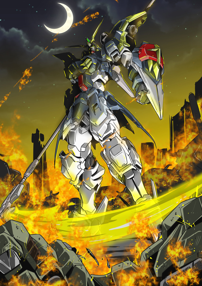 absurdres beam_scythe clenched_hands clouds crescent_moon energy_weapon fire gundam gundam_deathscythe_hell gundam_wing highres holding holding_scythe leo_(mobile_suit) looking_up mecha mobile_suit moon night night_sky niidan science_fiction scythe shield sky solo standing wreckage