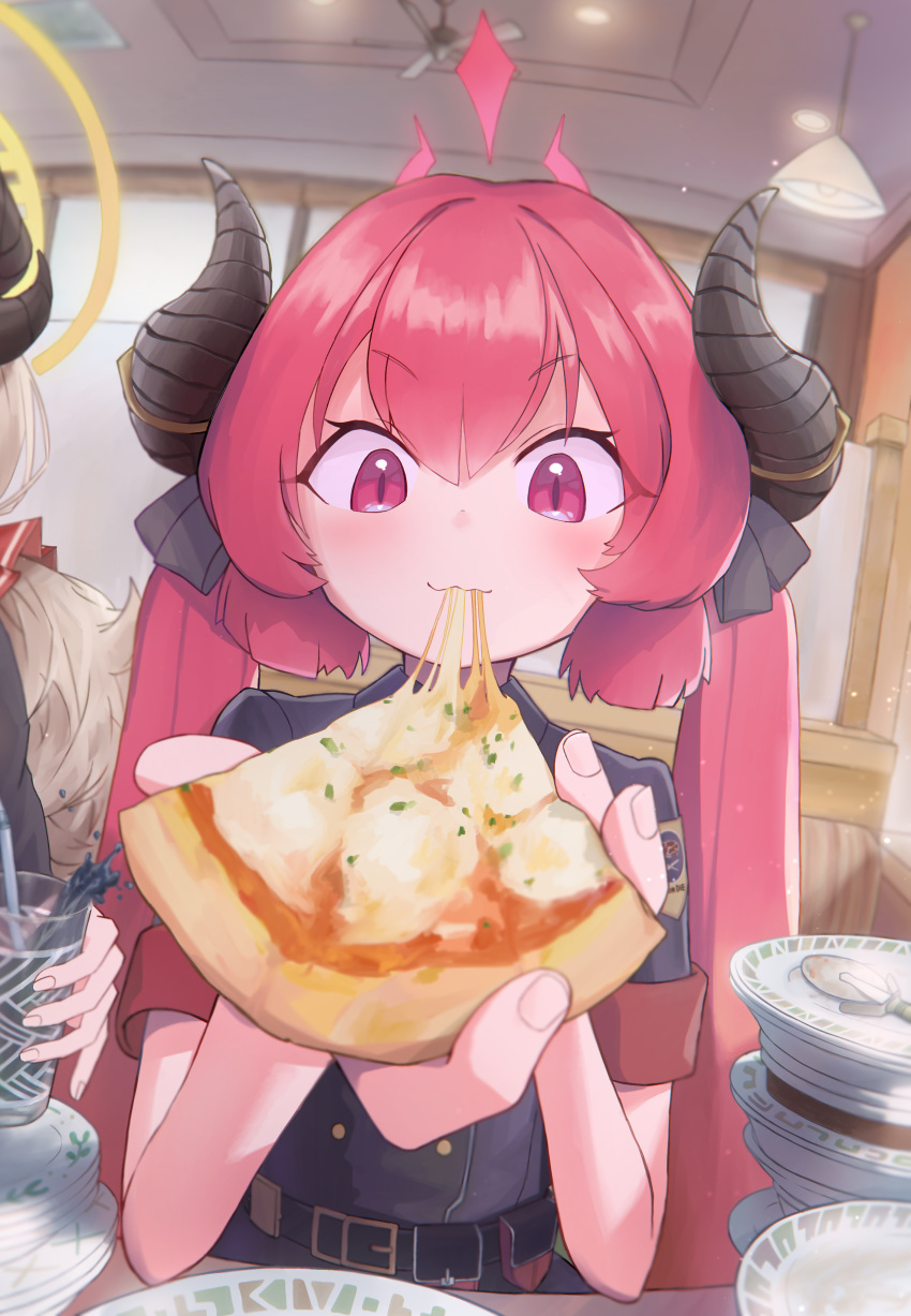 2girls absurdres belt blue_archive bow chair character_request cup curled_horns eating fan food hair_bow highres horns indoors junko_(blue_archive) light multiple_girls oca_laful pink_eyes pink_hair pizza plate restaurant sitting