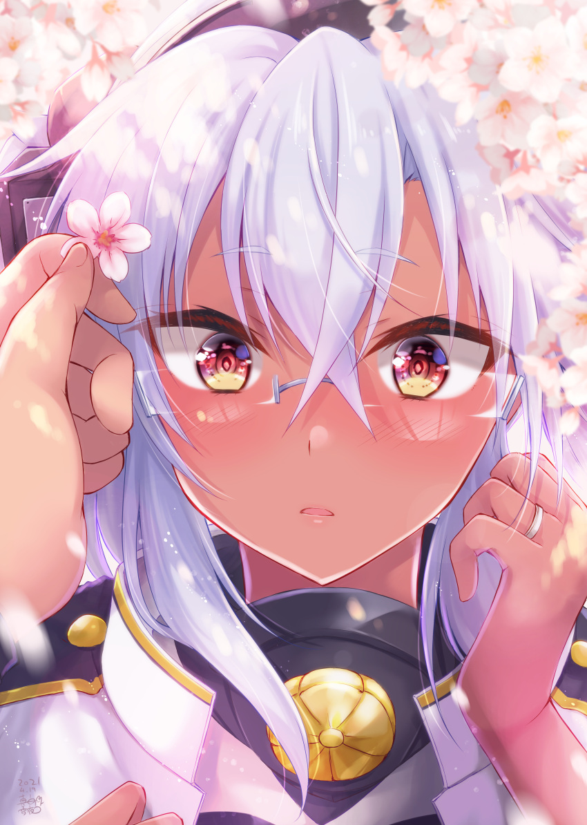 1girl absurdres blush close-up dark-skinned_female dark_skin disembodied_limb eyebrows_visible_through_hair flower glasses hair_between_eyes highres jewelry kantai_collection long_hair looking_at_viewer mashiro_yukiya musashi_(kancolle) parted_lips rectangular_eyewear red_eyes ring solo upper_body white_hair