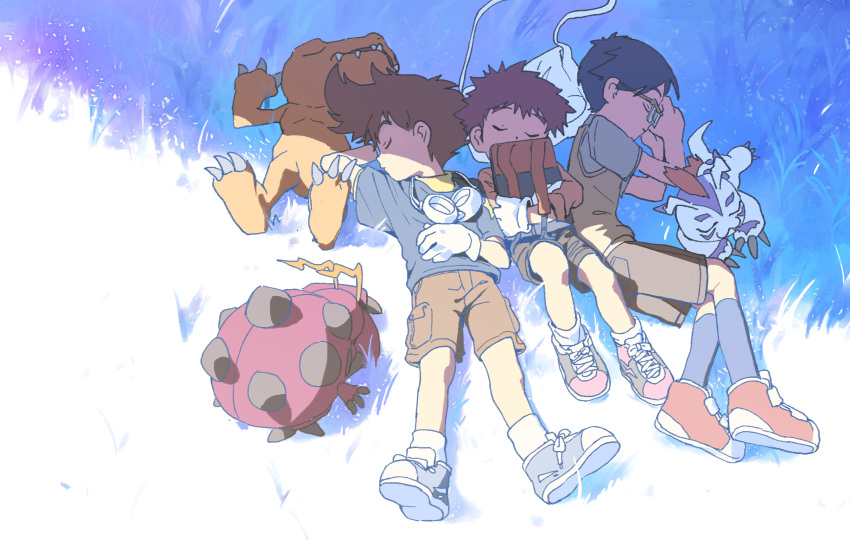 3boys :3 agumon arm_behind_head arm_up backpack bag bangs black_legwear blue_hair blue_shirt brown_hair brown_shorts claws closed_eyes closed_mouth commentary_request creature digimon digimon_(creature) digimon_adventure glasses gloves goggles goggles_around_neck gomamon grass grey_shirt hands_up highres holding holding_bag izumi_koushirou kido_jou kneehighs long_sleeves lying male_focus multiple_boys on_back on_grass on_ground on_side open_mouth orange_shirt outdoors red_footwear school_bag sharp_teeth shirt shoes short_hair short_sleeves shorts shoulder_bag sleeping sneakers socks spiky_hair t-shirt tantanmen teeth tentomon vest white_footwear white_gloves white_legwear yagami_taichi yellow_vest
