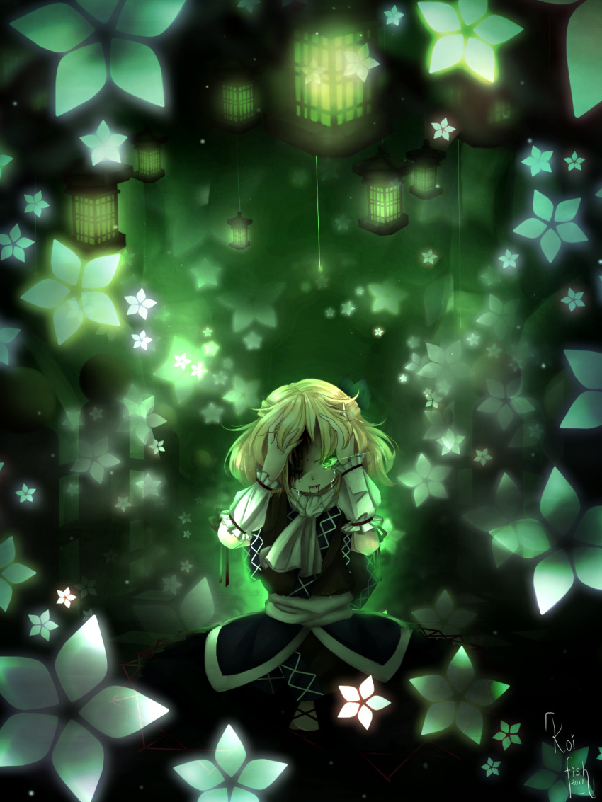 1girl arm_warmers bangs blonde_hair blood blood_from_mouth blood_on_face bridge brown_jacket commentary_request crying crying_with_eyes_open danmaku feet_out_of_frame flower glowing glowing_eye green_eyes hands_in_hair highres jacket lantern looking_at_viewer merry_(cranberry) mizuhashi_parsee multicolored multicolored_clothes multicolored_jacket one_eye_closed open_mouth short_hair short_sleeves signature solo spell_card tears touhou