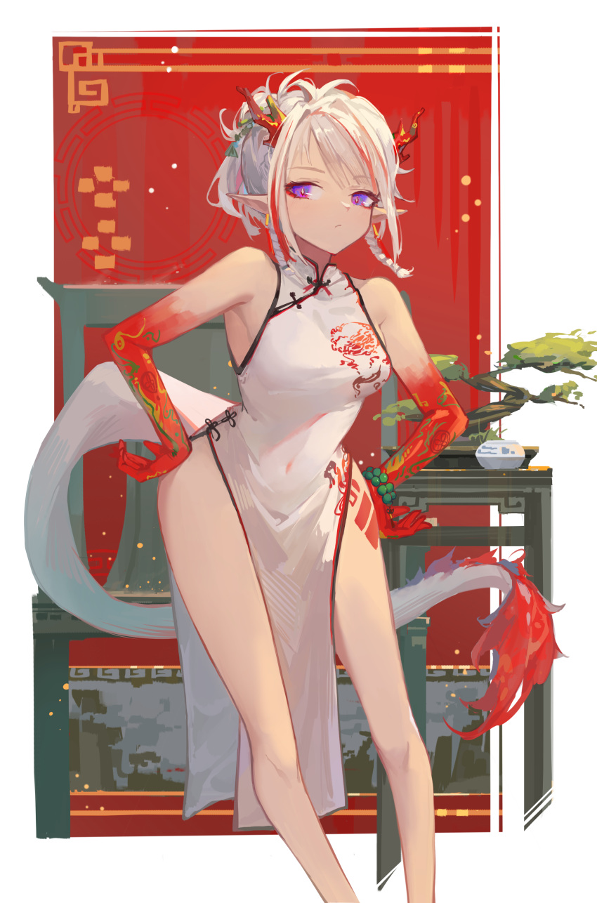 1girl absurdres arknights bare_arms bare_legs bonsai bowl breasts china_dress chinese_clothes chinese_text closed_mouth colored_skin commentary_request covered_navel dragon_horns dragon_tail dress feet_out_of_frame hair_bun hands_on_hips highres horns kami_otona leaning_forward legs looking_at_viewer medium_breasts multicolored_hair nian_(arknights) nian_(unfettered_freedom)_(arknights) official_alternate_costume pelvic_curtain pointy_ears pout red_skin redhead side-tie_dress sleeveless sleeveless_dress solo streaked_hair table tail tapestry violet_eyes white_background white_dress white_hair white_tail