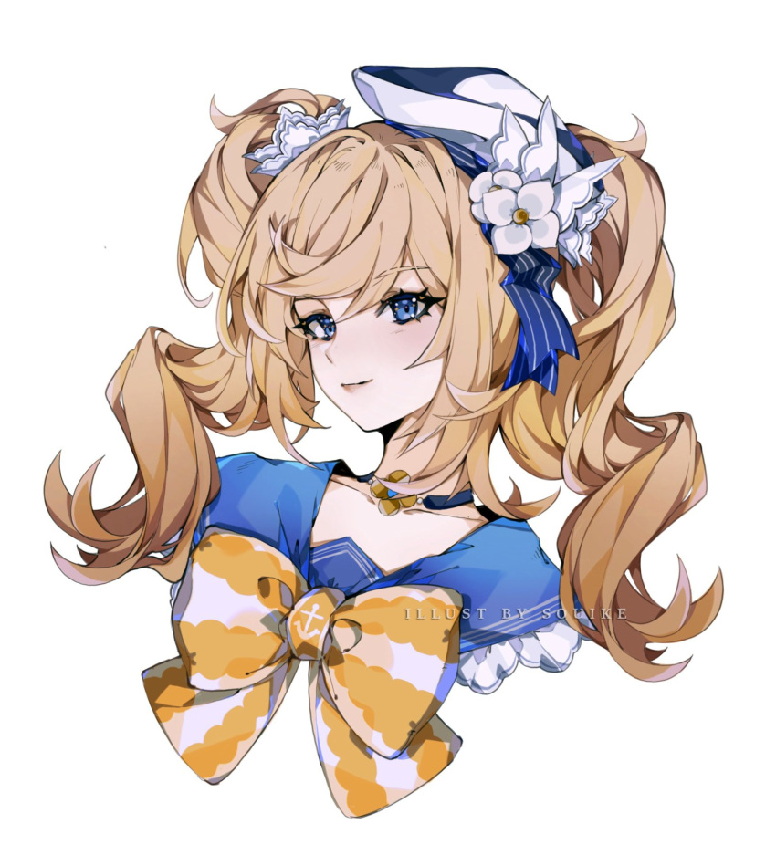 1girl artist_name bangs barbara_pegg blonde_hair blue_eyes blue_sailor_collar bow bowtie collarbone commentary cropped_shoulders english_commentary face flower frilled_sailor_collar frills genshin_impact hair_ornament hat highres long_hair looking_at_viewer misshao_00 portrait revision sailor_collar sailor_hat solo twintails white_background white_flower white_headwear yellow_bow yellow_neckwear