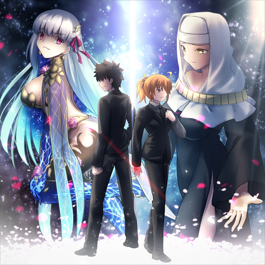 1boy 3girls ahoge bangs black_hair black_pants black_shirt blazer bow breasts closed_mouth collared_shirt colored_inner_hair command_spell dual_persona earrings eyebrows_visible_through_hair fate/grand_order fate_(series) formal fujimaru_ritsuka_(female) fujimaru_ritsuka_(male) green_eyes hair_bow hand_up highres jacket jewelry kama_(fate) large_breasts long_hair long_sleeves looking_at_viewer looking_to_the_side medium_hair migiha multicolored_hair multiple_girls necktie orange_hair pants petals see-through sesshouin_kiara shirt short_hair side_slit sidelocks smile standing suit very_long_hair violet_eyes white_hair