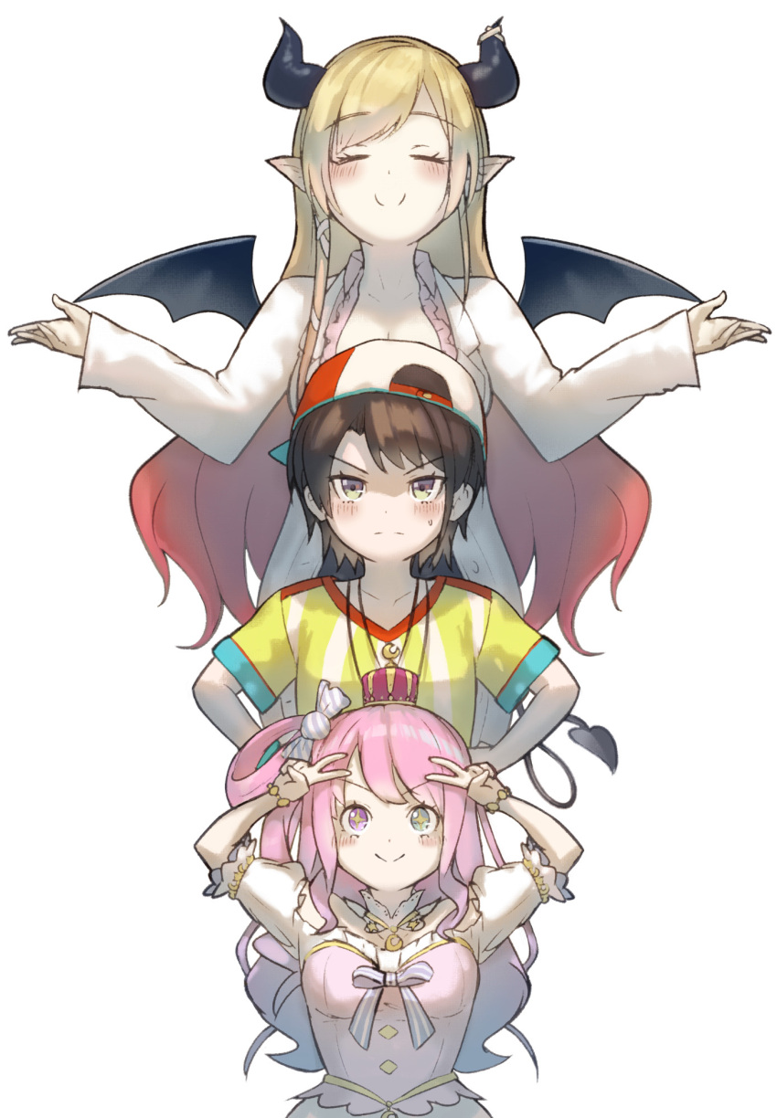 3girls backwards_hat black_horns blonde_hair bluedoggie blush brown_hair candy_hair_ornament closed_eyes demon_girl demon_horns double_v food-themed_hair_ornament gradient_hair hair_ornament hat highres himemori_luna hololive horns jewelry long_hair long_sleeves looking_at_viewer multicolored_hair multiple_girls necklace oozora_subaru pink_hair pointy_ears redhead shirt short_hair short_sleeves simple_background smile upper_body v virtual_youtuber white_background white_shirt wings yellow_shirt yuzuki_choco